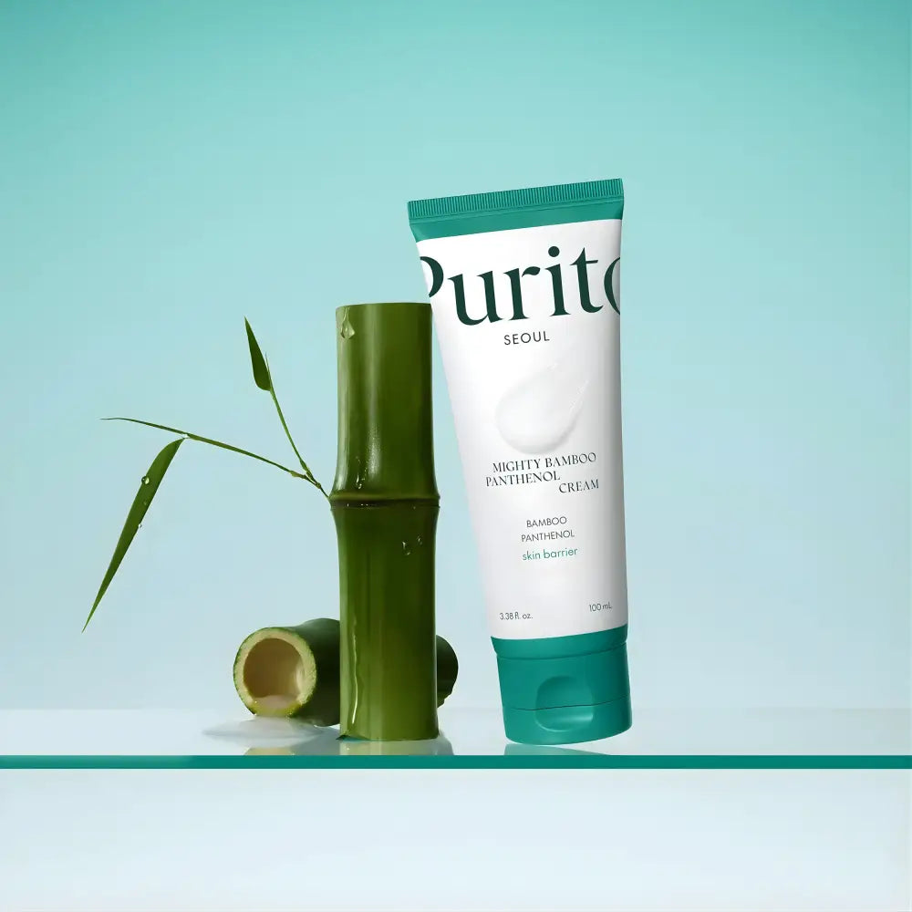 White tube of purito seoul mighty bamboo panthenol cream 100ml with teal accents and bamboo panthenol cream design