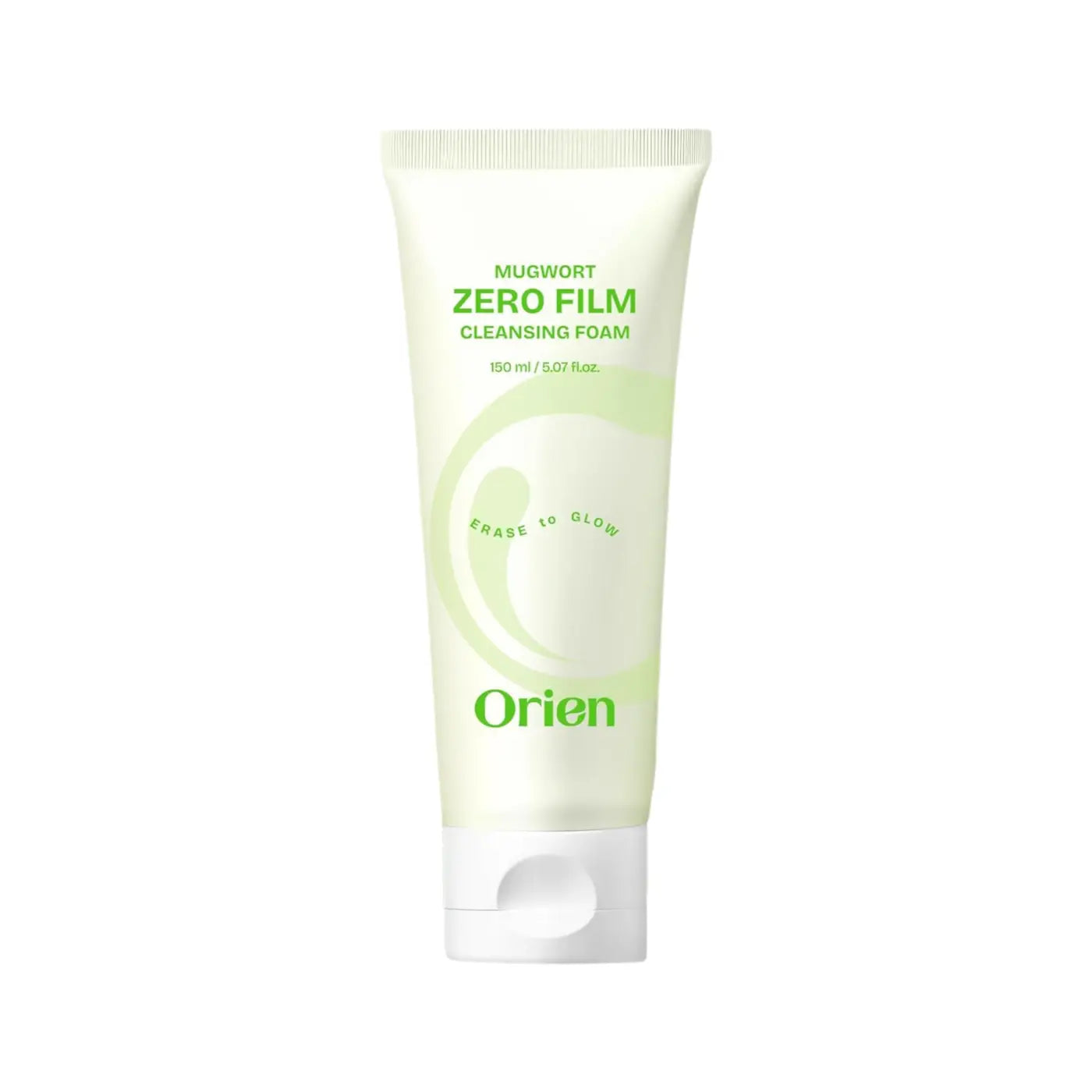 A sleek translucent white tube of orien mugwort zero film cleansing foam with a minimalist green label and cap