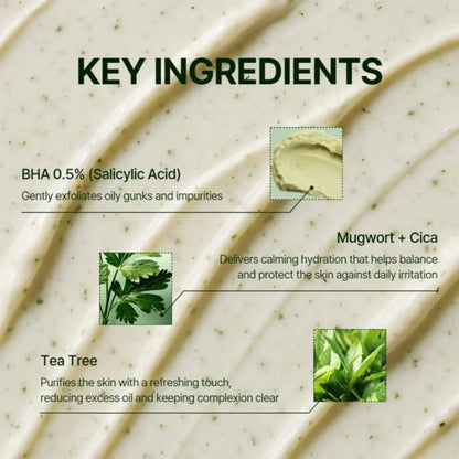 Creamy off-white mugwort zero film cleansing foam with green specks featuring bha 0.5%, mugwort, cica, and tea tree