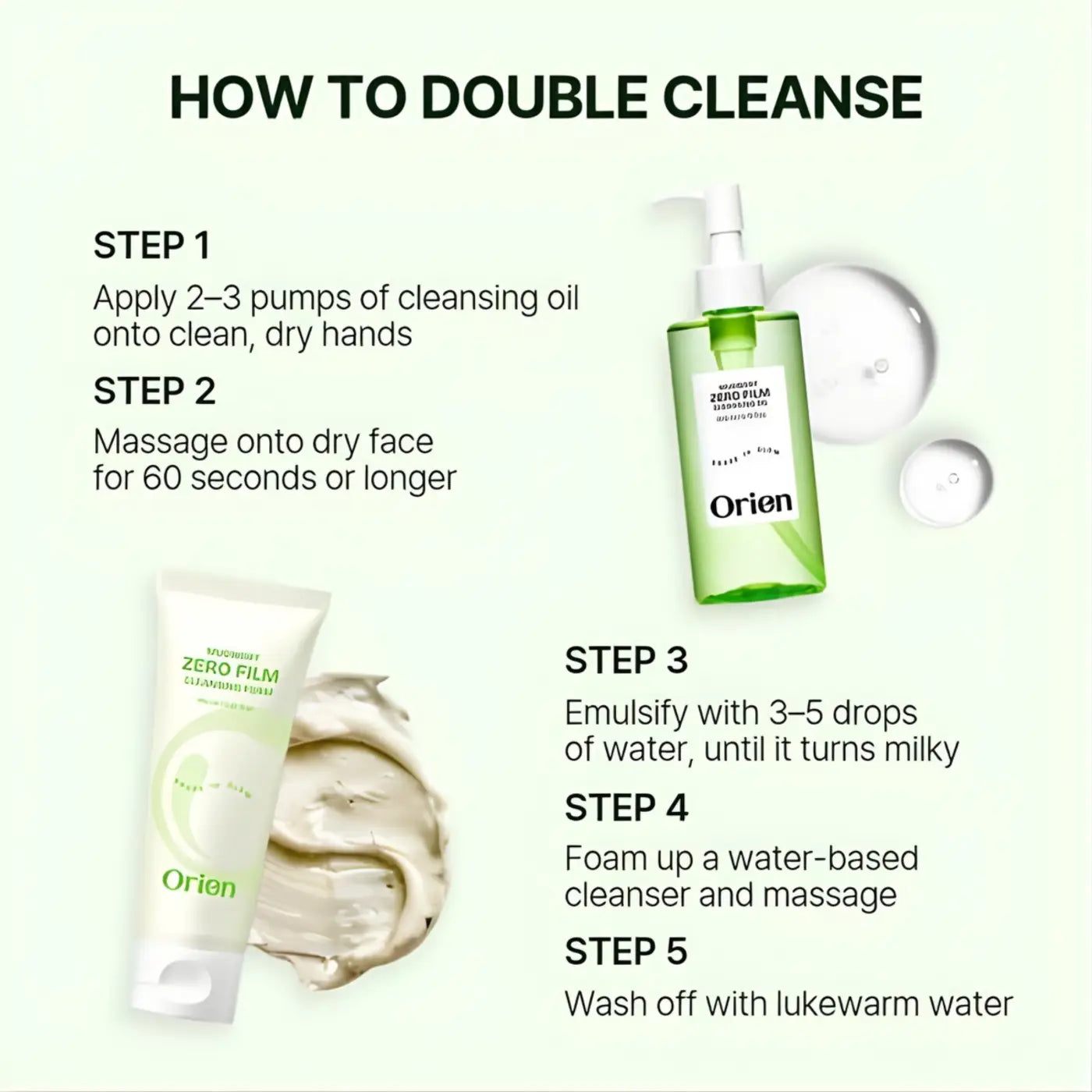 Green glass bottle with white pump and label containing mugwort zero film cleansing oil for zero film cleansing routine