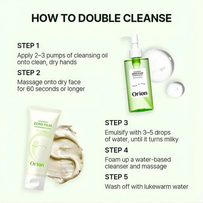 Green glass bottle with white pump and label containing mugwort zero film cleansing oil for zero film cleansing routine