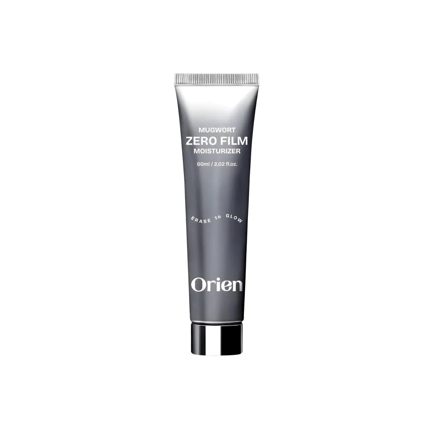 Silver tube of orien mugwort zero film moisturizer with sleek metallic finish and white text labeling 60ml