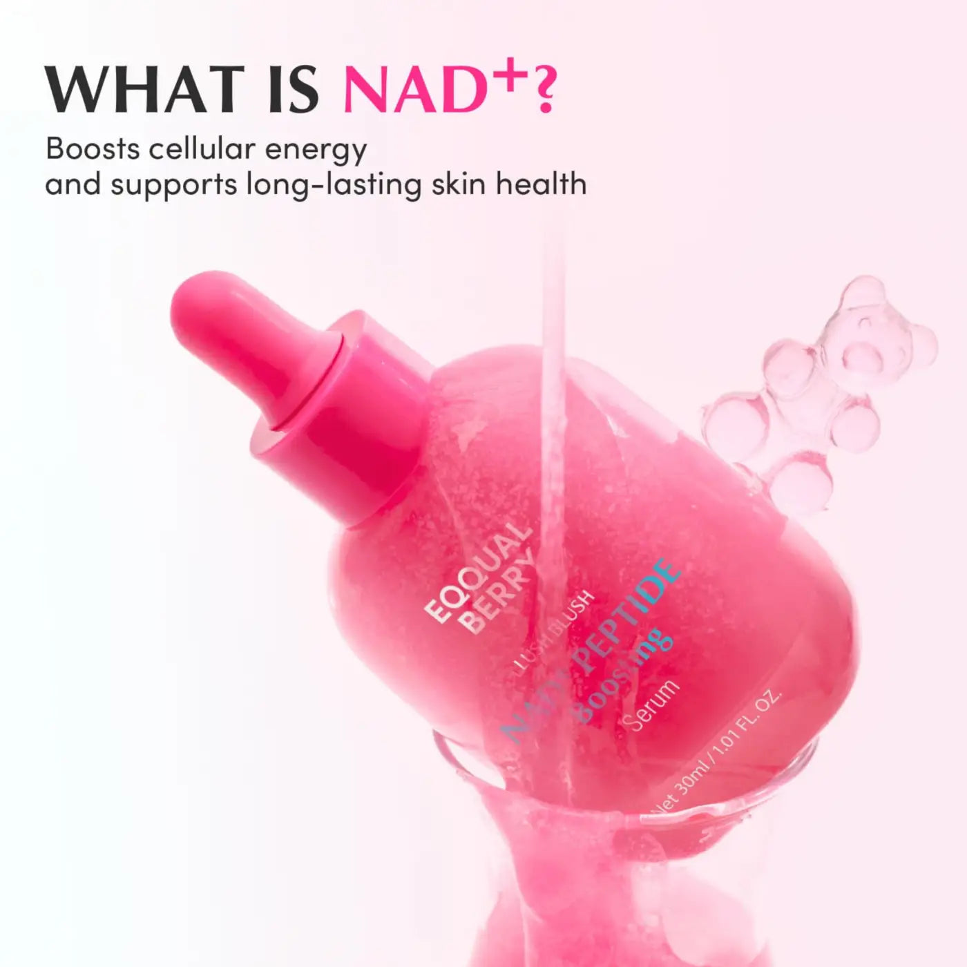 A vibrant pink glass dropper bottle of equal berry nad+ peptide boosting serum 30ml from the best korean skincare brands sa