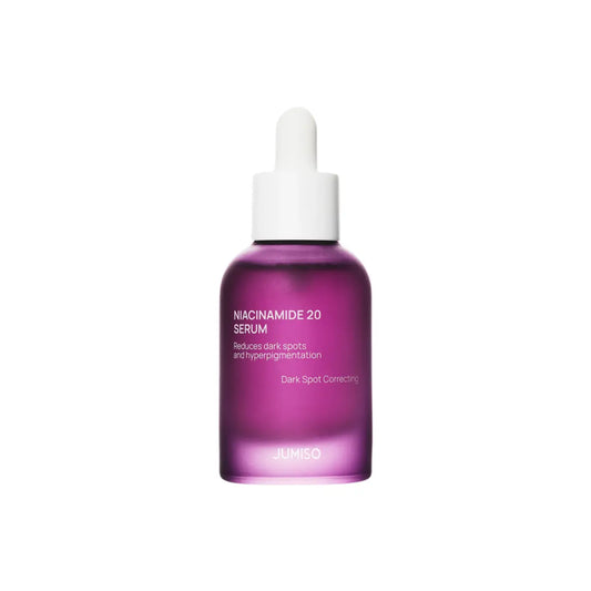 Jumiso niacinamide 20% serum 40ml in a sleek translucent purple glass bottle with white dropper cap for excess sebum control