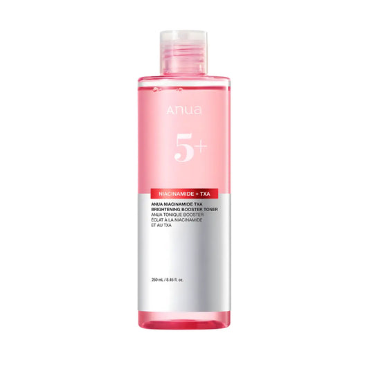 A clear glass bottle with pink liquid niacinamide txa brightening booster toner with transparent cap and silver label