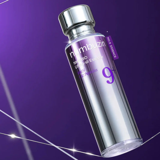 Silver-tinted glass bottle with metallic cap and purple label of numbuzin no 9 nad plus bio lifting-sil essence 50ml containing essence from best korean skincare brands sa