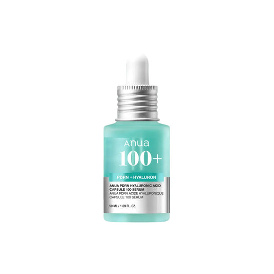 A sleek teal glass bottle with a silver dropper cap containing anua pdrn hyaluronic acid capsule serum 30ml