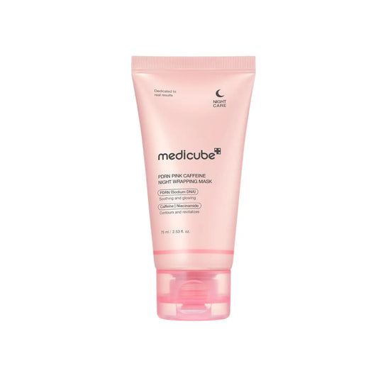 Pink translucent tube of medicube pdrn pink caffeine night wrapping mask 75ml for overnight skincare