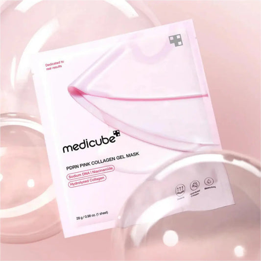 Pdrn pink collagen gel mask in white translucent medicube package containing four pink collagen gel sheets