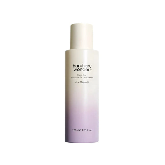 A sleek frosted glass haruharu wonder probiotics barrier essence bottle with gradient beige to lavender and matte white cap