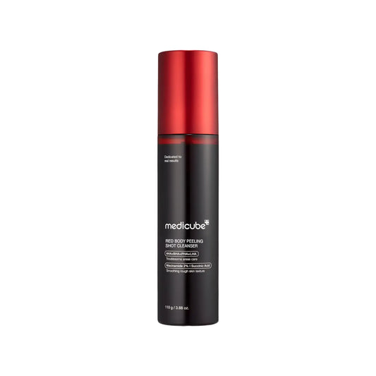 Medicube red acne body peeling shot cleanser in a sleek black bottle with a glossy red cap 110g