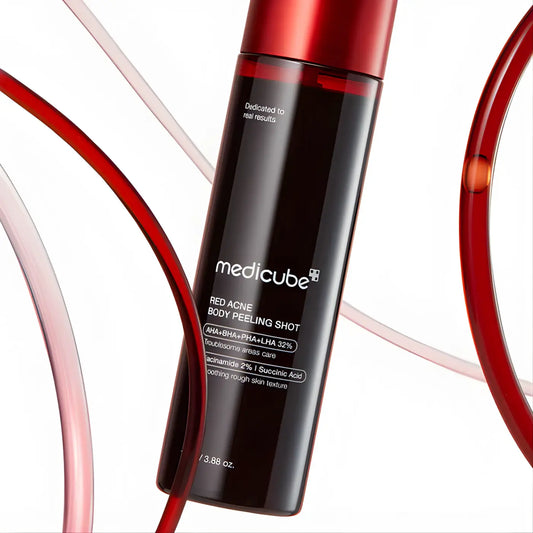 Black cylindrical medicube red acne body peeling shot bottle with red cap and white labeling 110g product
