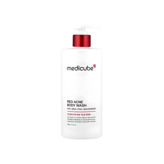 White plastic bottle with red pump dispenser labeled medicube red acne body wash 400g from best korean skincare brands sa