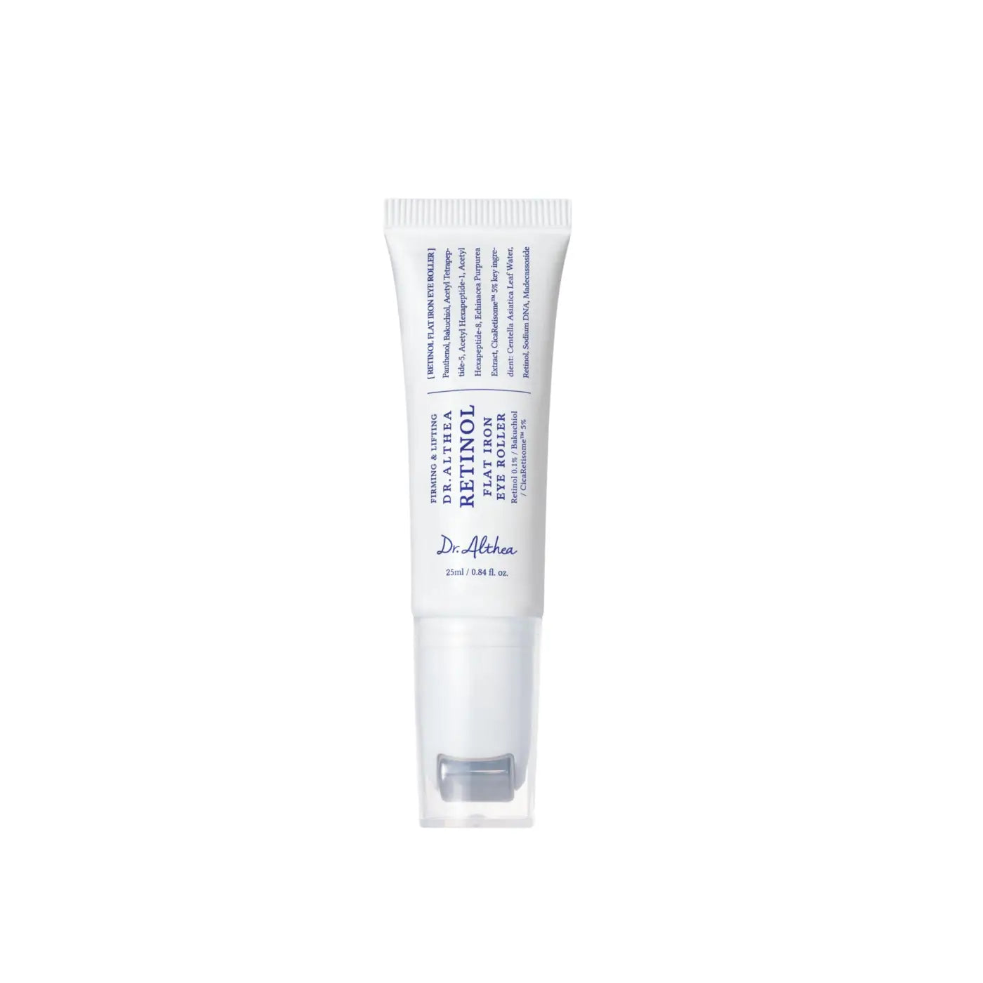 White tube of dr retinol flat iron eye roller with cica retisome for authentic korean skincare use