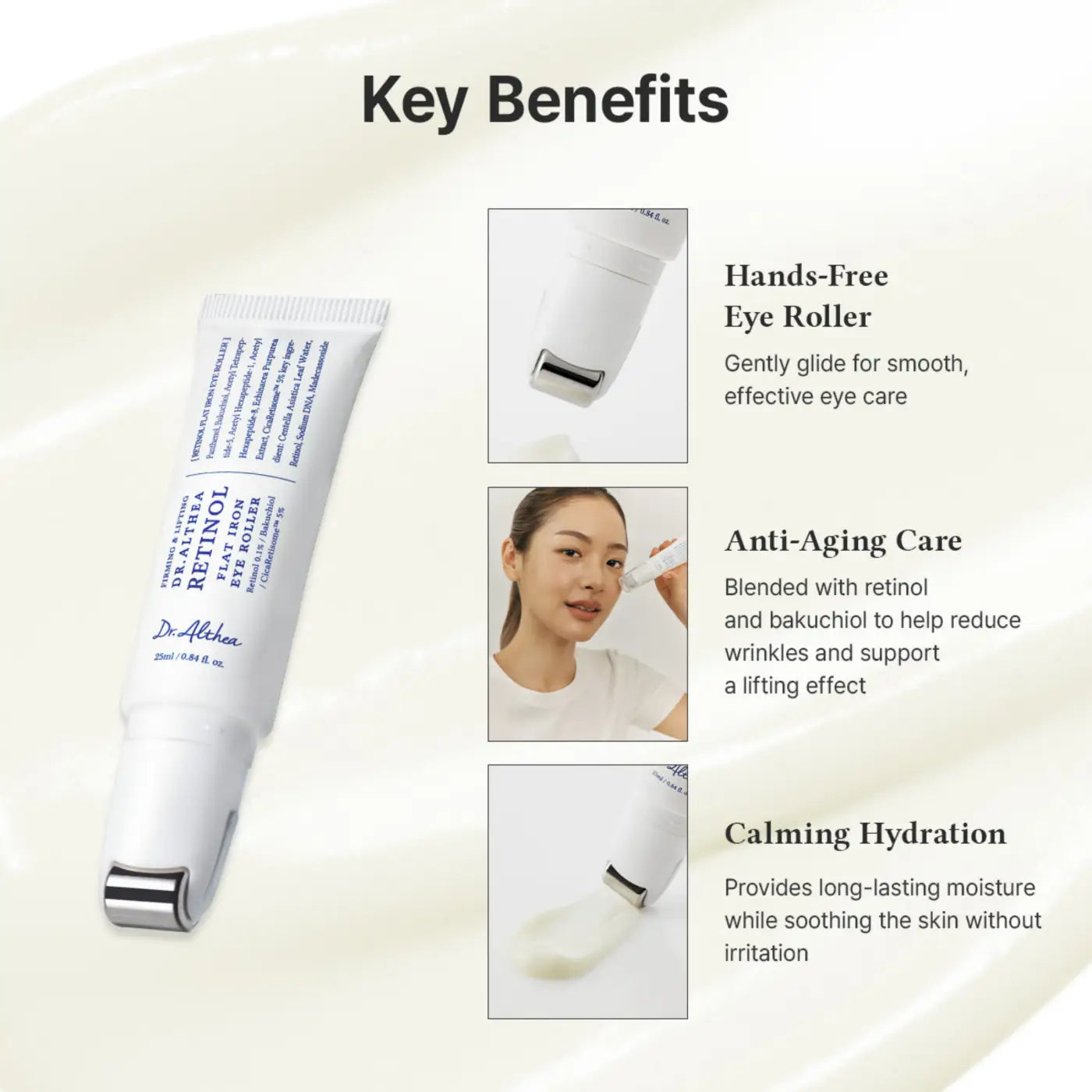 White dr retinol flat iron eye roller with cica retisome for authentic korean skincare eye treatment