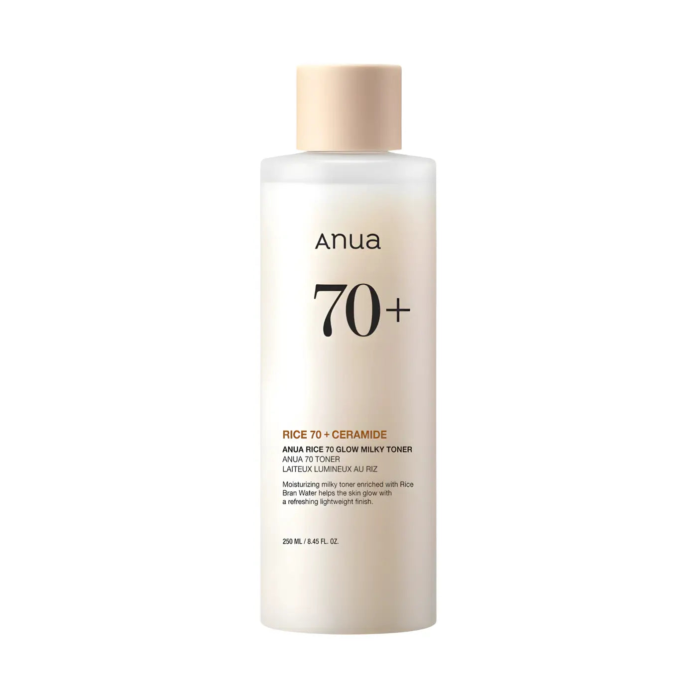 Anua rice 70 glow milky toner in a translucent white bottle with beige cap supports skin barrier health