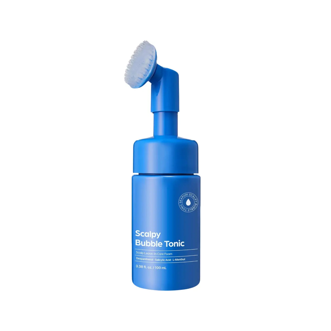 Blue cylindrical bottle of scalpy bubble tonic 100ml with built-in white brush applicator on top