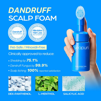 Blue scalpy bubble tonic 100ml seapuri scalp foam bottle with brush attachment for easy bubble tonic application