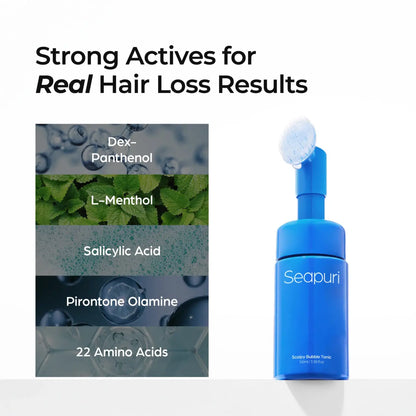 Blue seapuri scalpy bubble tonic 100ml bottle with pump dispenser and frothy liquid on top for scalp care