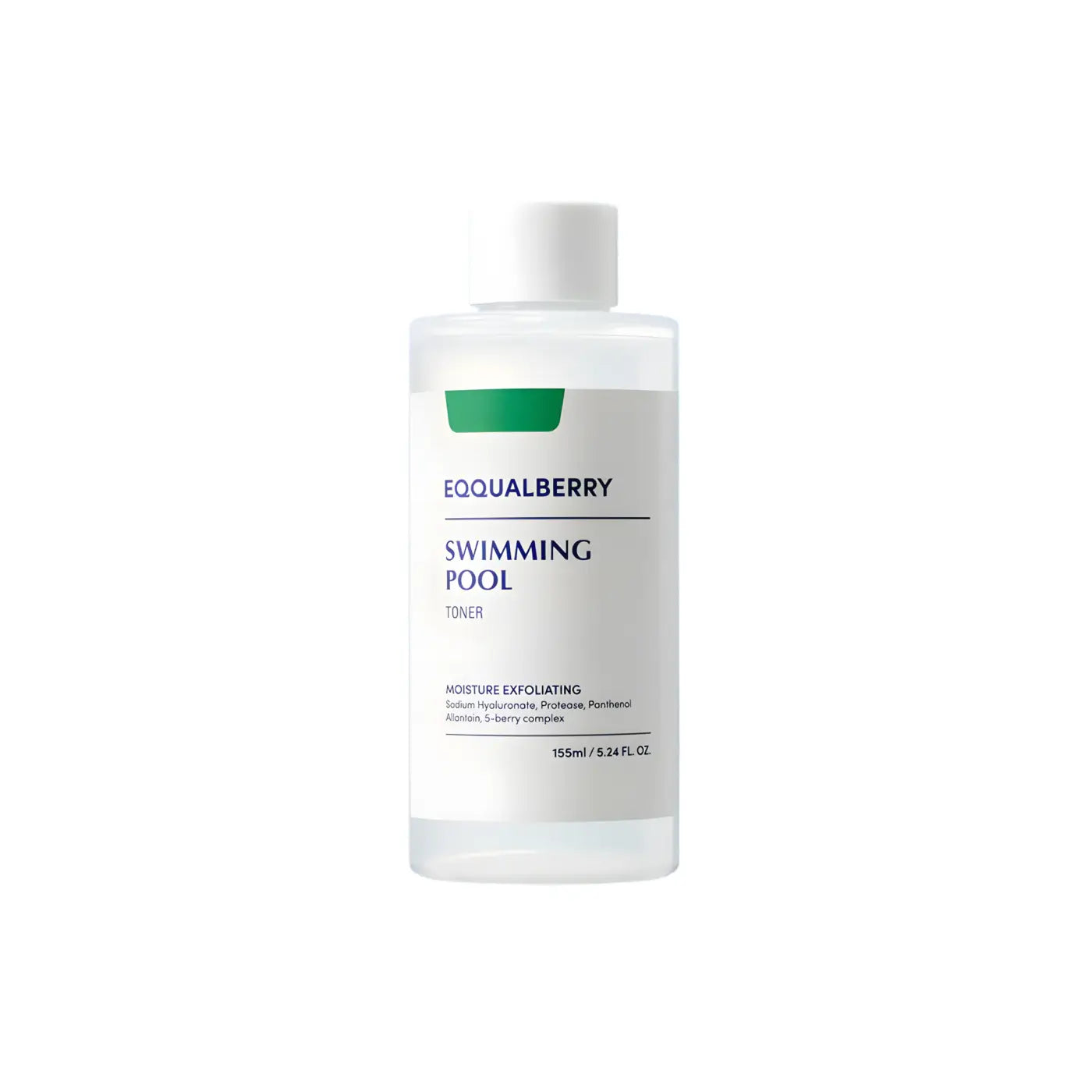 Clear plastic bottle with white cap and minimalist label with green accent labeled equalberry swimming pool toner 155ml for skin