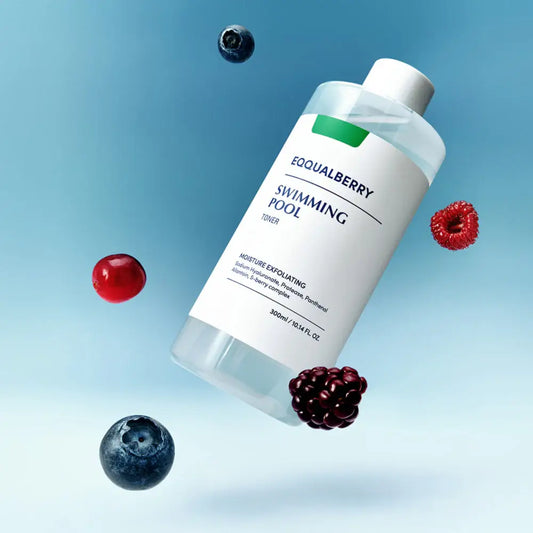 Clear plastic bottle of equalberry swimming pool toner 300ml with white label and green accent for skin care use