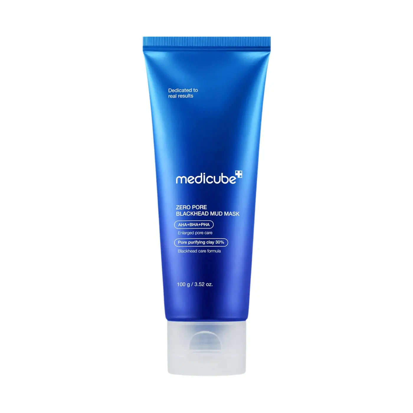 A sleek glossy blue tube of medicube zero pore blackhead mud mask 100g with clear flip top cap for pore blackhead care